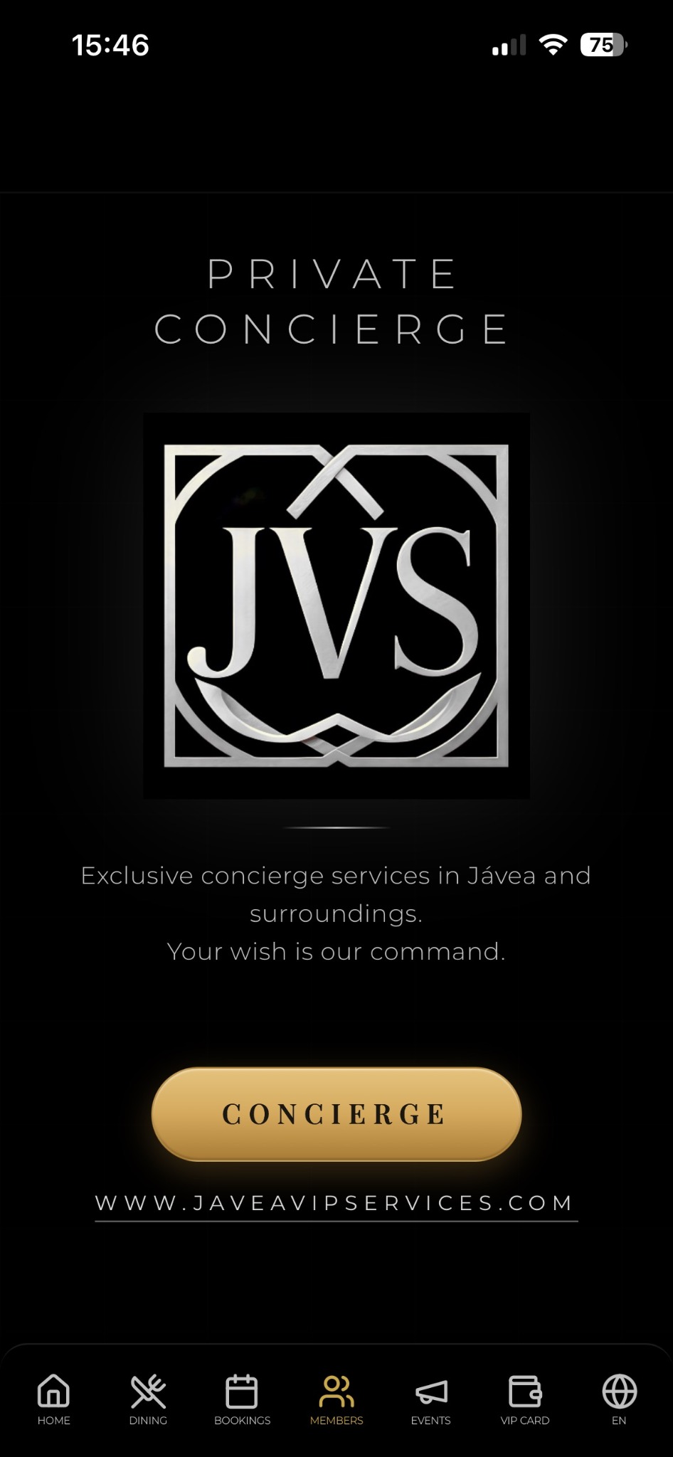 JVS member app with private concierge, bookings, events and VIP card