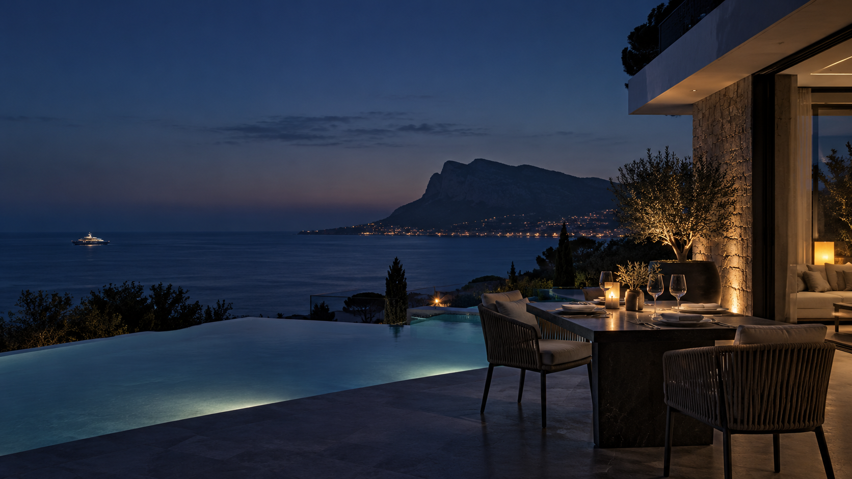 Mediterranean villa overlooking the Costa Blanca at blue hour